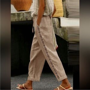Luxe Casual Tan Pants with Lace Trim